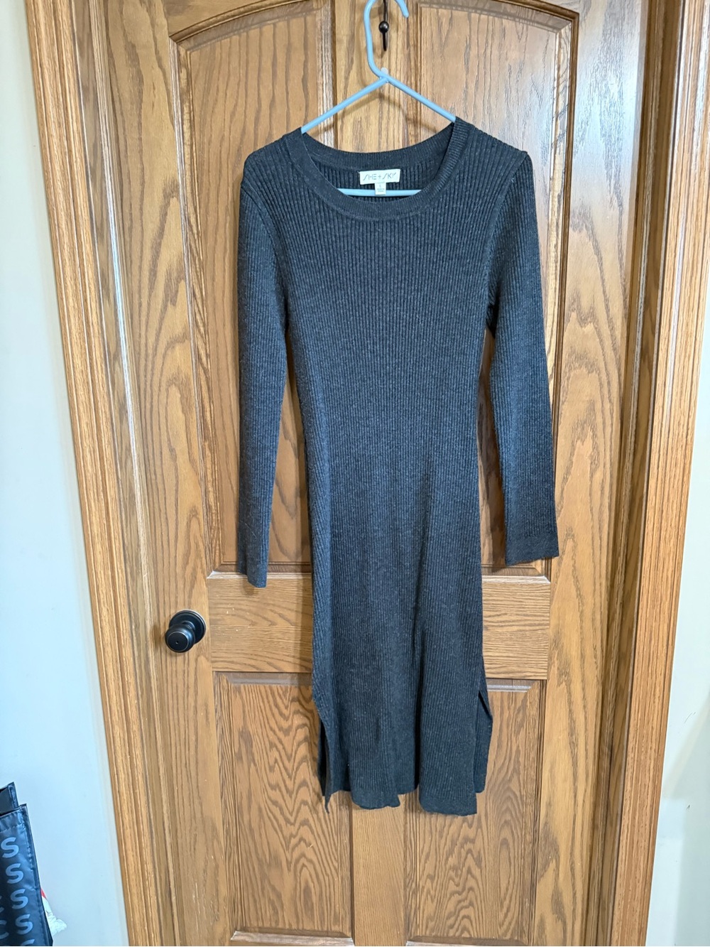 She + Sky Charcoal Ribbed Long-Sleeve Knit Dress